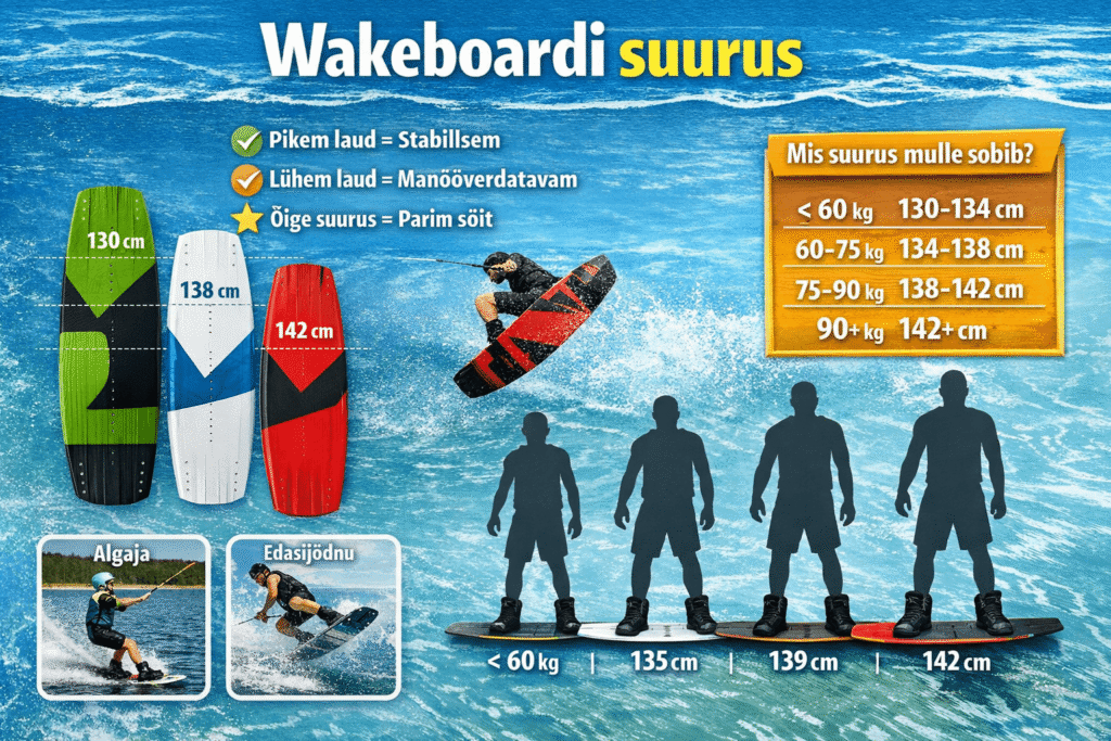 Wakeboardi valimise suuruse tabel laua pikkus versus sõitja kaal